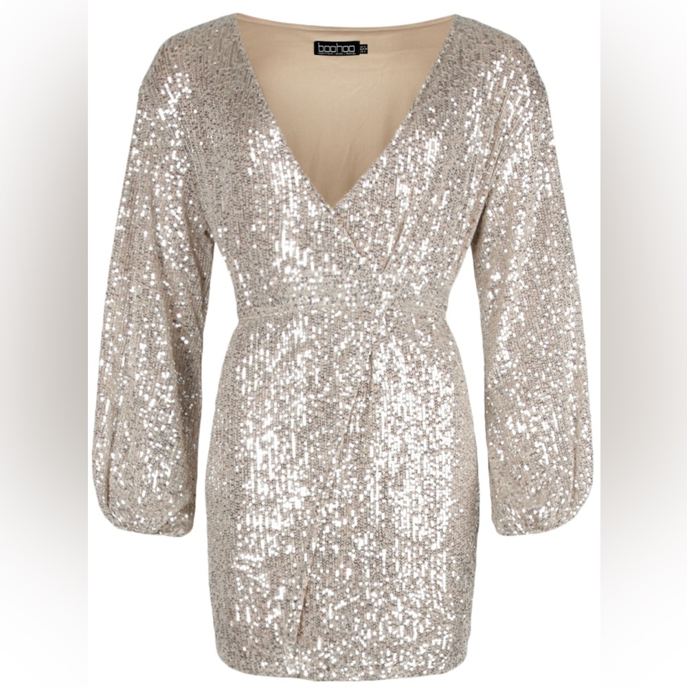 PETITE BELTED BALLOON SLEEVE SEQUIN DRESS